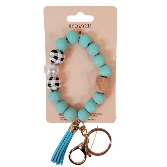 Blossom - Baby Blue Plaid White & Beige Beaded Wristlet Keychain w/ Tassel. - Picture 5 of 5